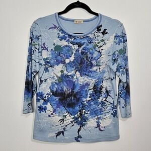 Cactus Blouse Shirt Womens Sz M Aqua Flower Cotton Embellished 3/4 Sleeve USA